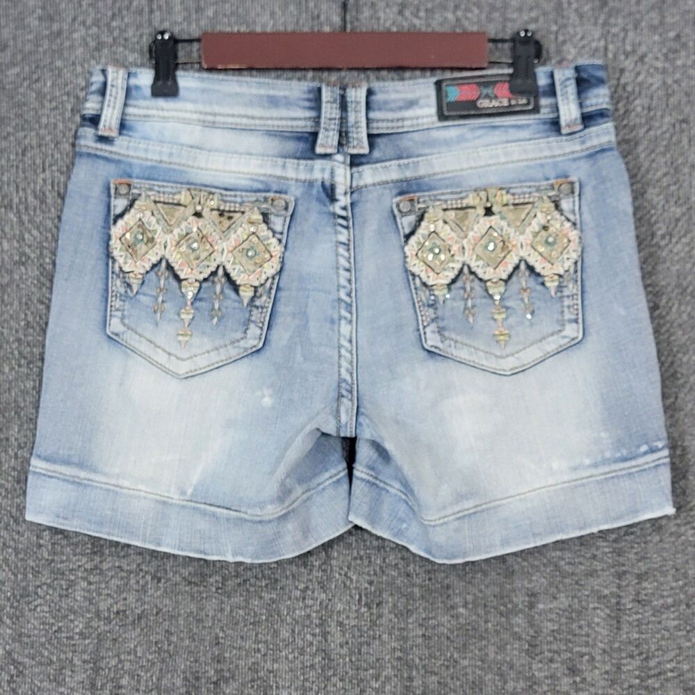 Grace In LA Jean Shorts Womens 30 Blue Denim Embroidered Biker Boho Festival